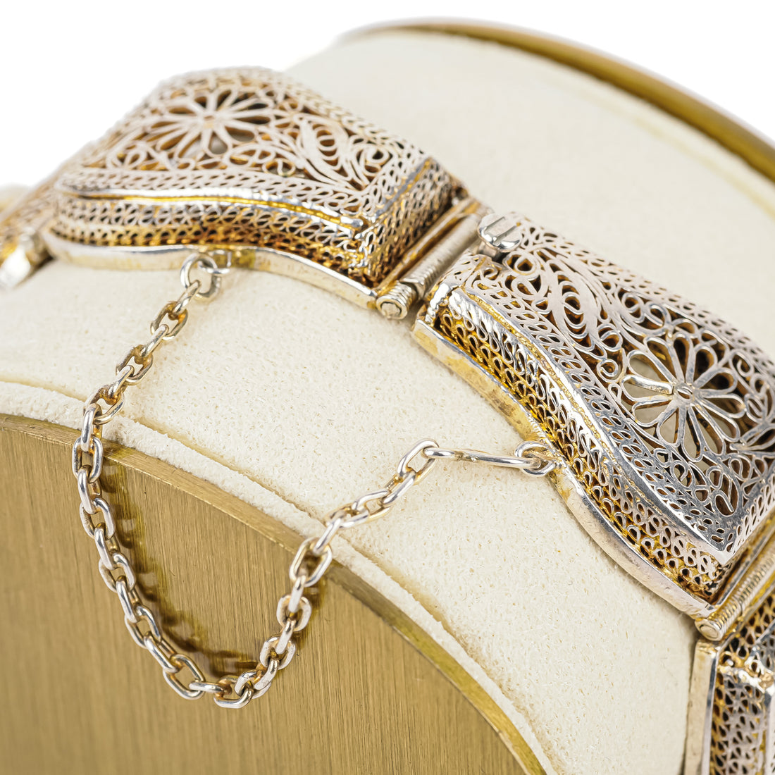 Chinese Export Silver Lapis Filigree Panel Bracelet