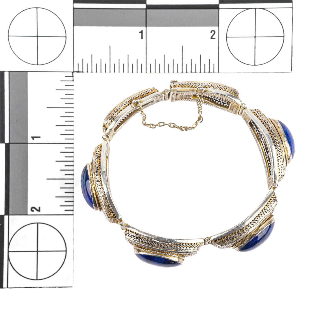 Chinese Export Silver Lapis Filigree Panel Bracelet
