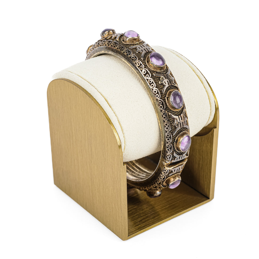 Chinese Export Silver Amethyst Cabochon Hinged Bangle