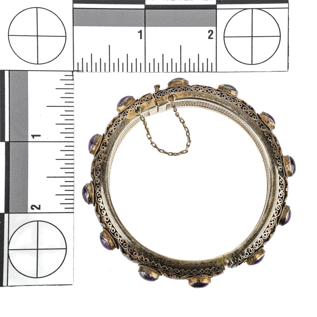 Chinese Export Silver Amethyst Cabochon Hinged Bangle