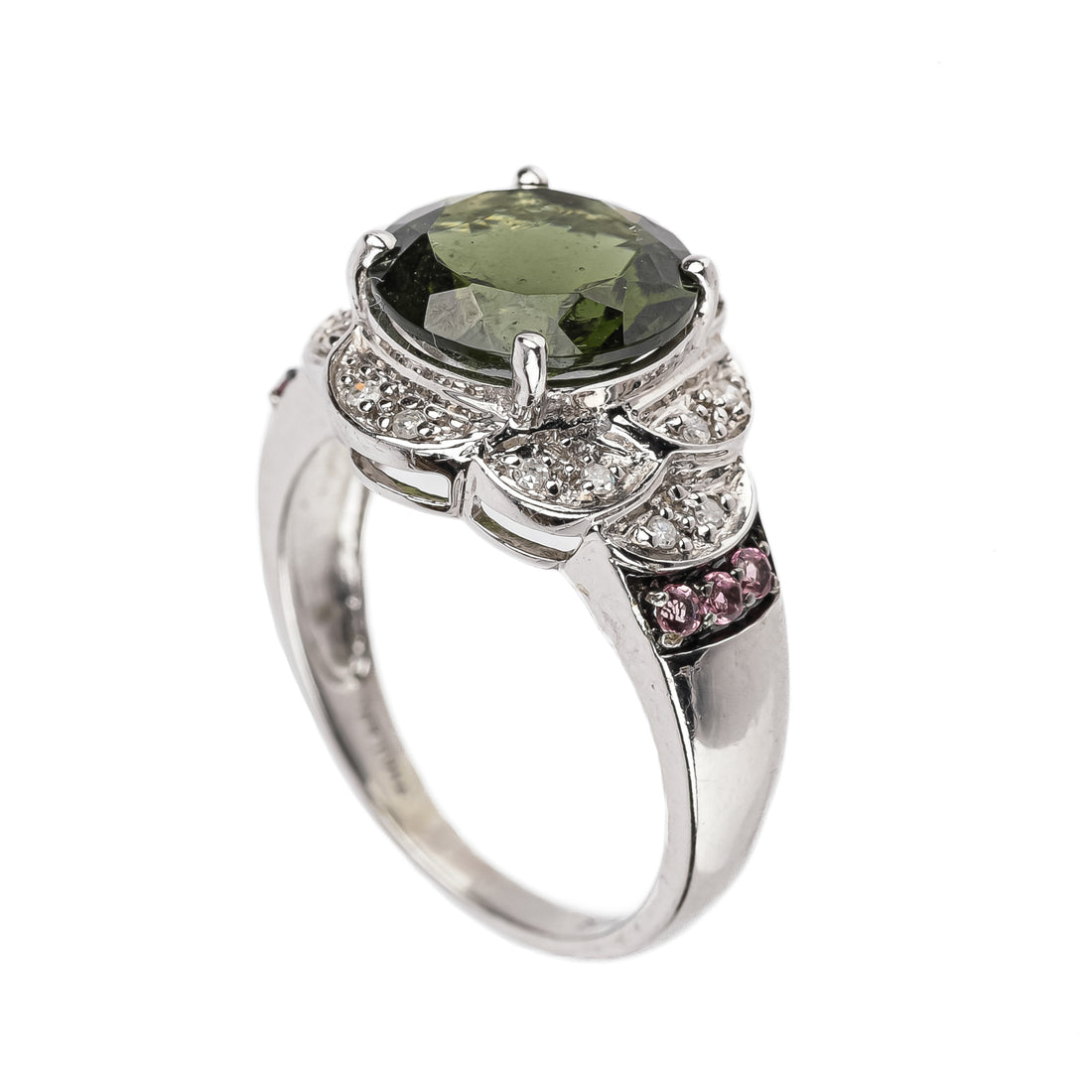 10K White Gold Synthetic Green Tourmaline Diamond Ring