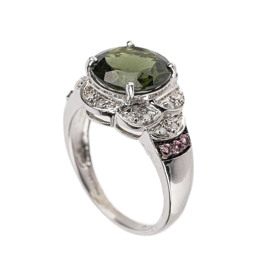 10K White Gold Synthetic Green Tourmaline Diamond Ring