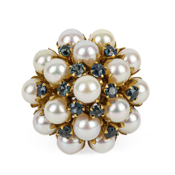 14K Yellow Gold Pearl Sapphire Cluster Ring