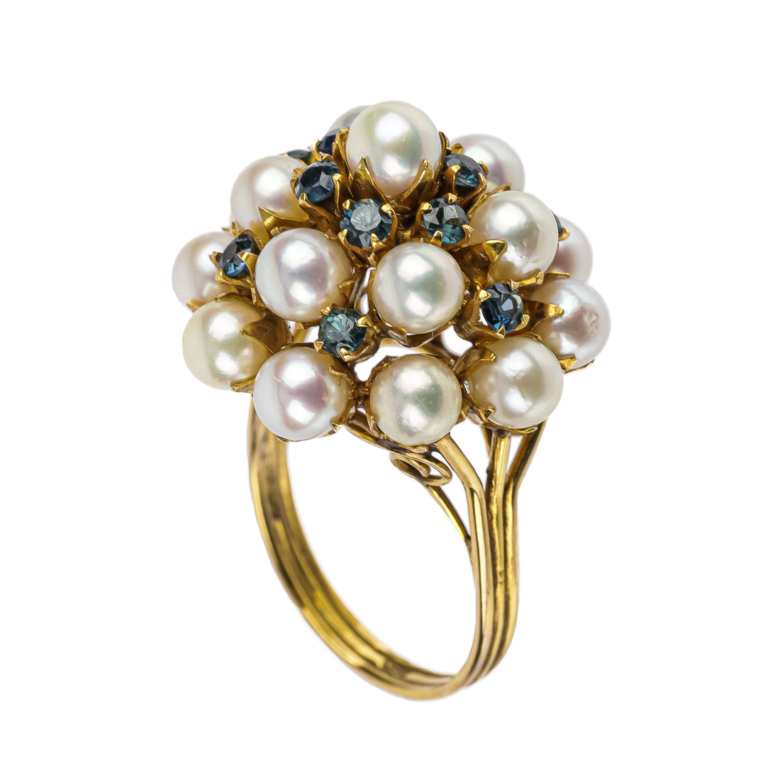14K Yellow Gold Pearl Sapphire Cluster Ring