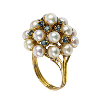 14K Yellow Gold Pearl Sapphire Cluster Ring