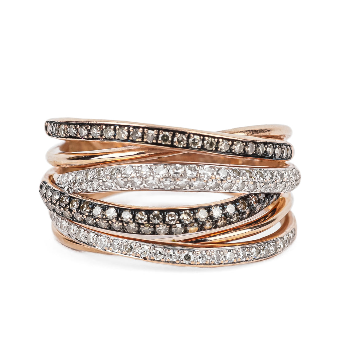 14K Rose Gold White & Black Diamond Crossover Band Ring