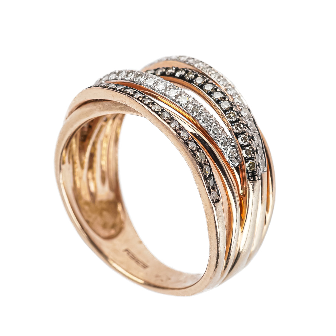 14K Rose Gold White & Black Diamond Crossover Band Ring