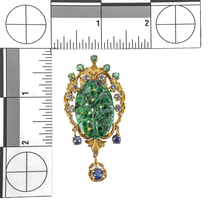 14K Yellow Gold Carved Jade Sapphire Emerald Drop Brooch
