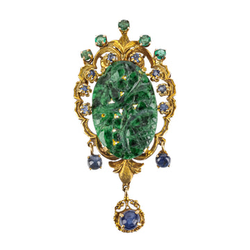 14K Yellow Gold Carved Jade Sapphire Emerald Drop Brooch