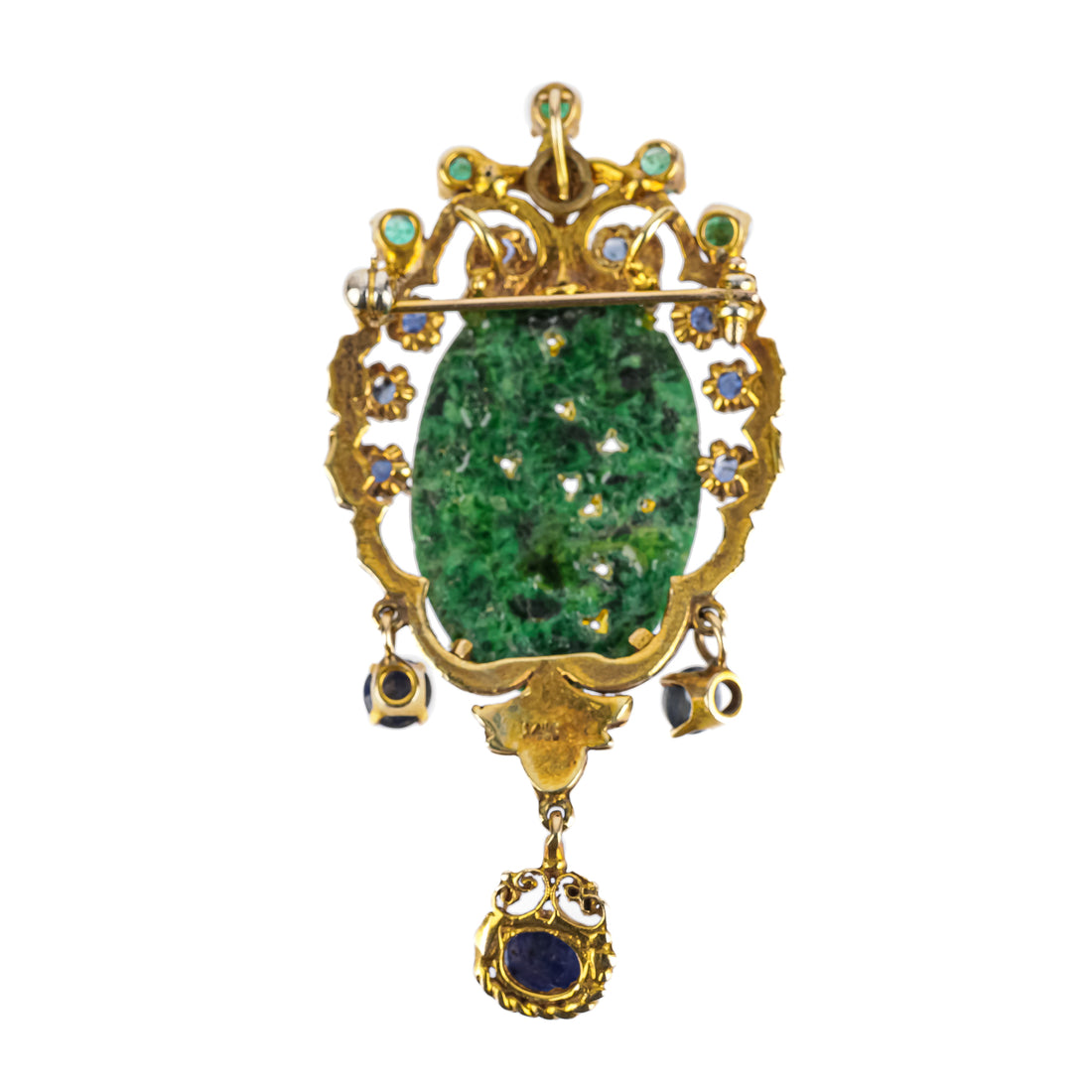 14K Yellow Gold Carved Jade Sapphire Emerald Drop Brooch