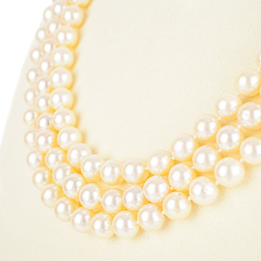 14K White Gold Mabe Pearl Diamond Clasp Three Strand Pearl Necklace