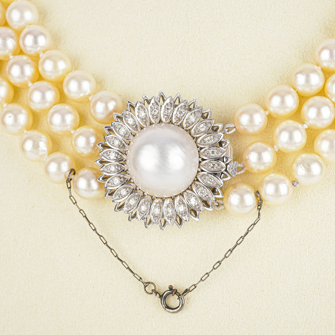 14K White Gold Mabe Pearl Diamond Clasp Three Strand Pearl Necklace