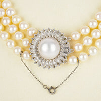 14K White Gold Mabe Pearl Diamond Clasp Three Strand Pearl Necklace
