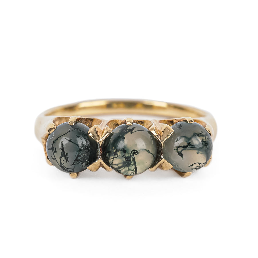 10K Yellow Gold Moss Agate Three Stone Ring