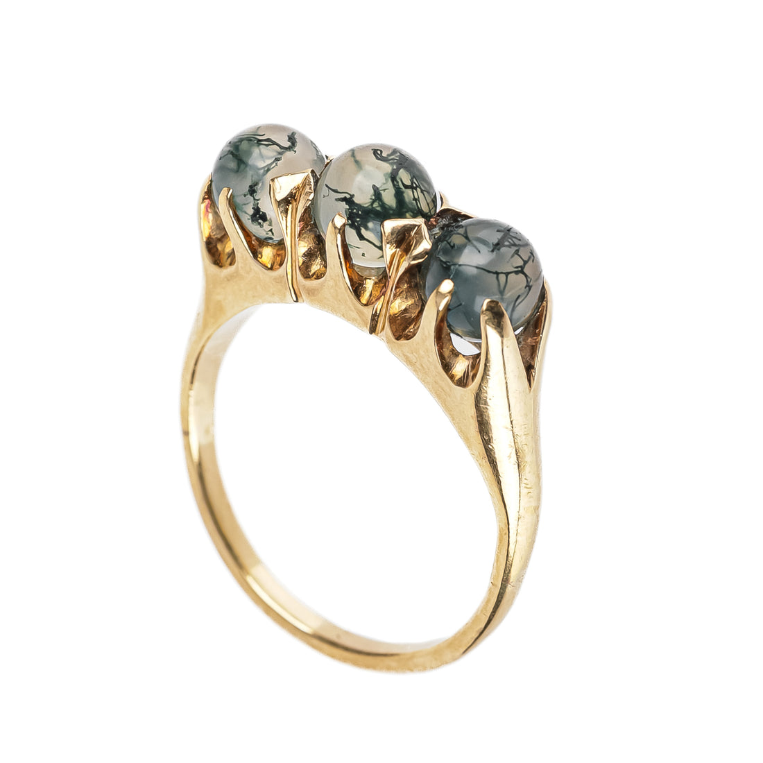 10K Yellow Gold Moss Agate Three Stone Ring