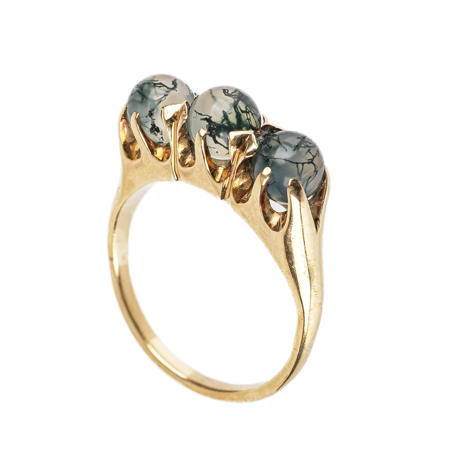 10K Yellow Gold Moss Agate Three Stone Ring