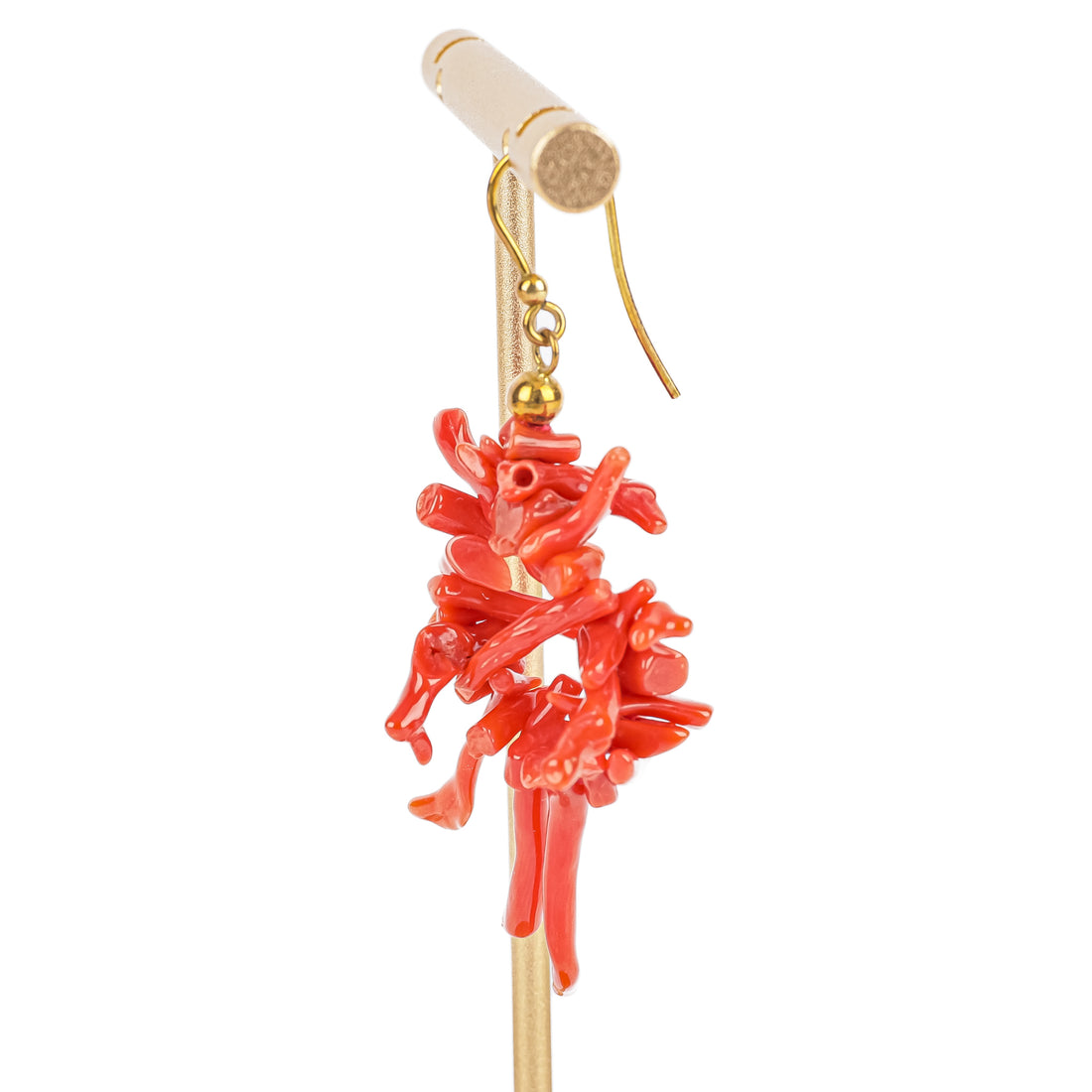 Gold Plated Sterling Red Coral Branch Cluster Drop Earrings