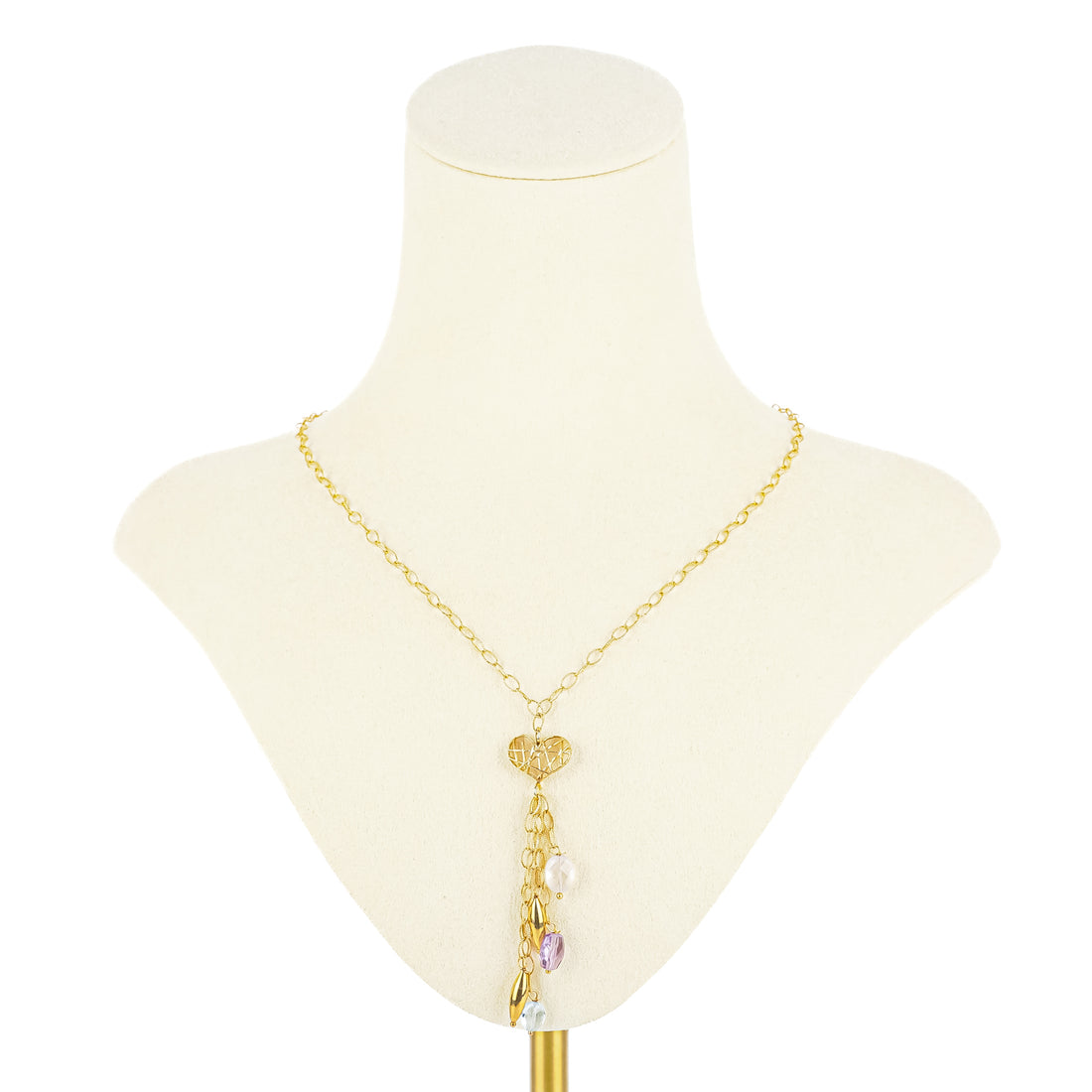14K Yellow Gold Textured Oval Link Gemstone Lariat Necklace