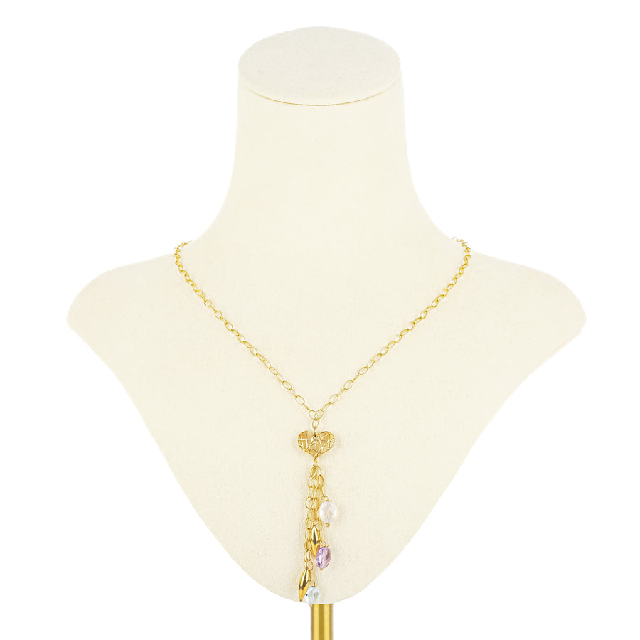 14K Yellow Gold Textured Oval Link Gemstone Lariat Necklace