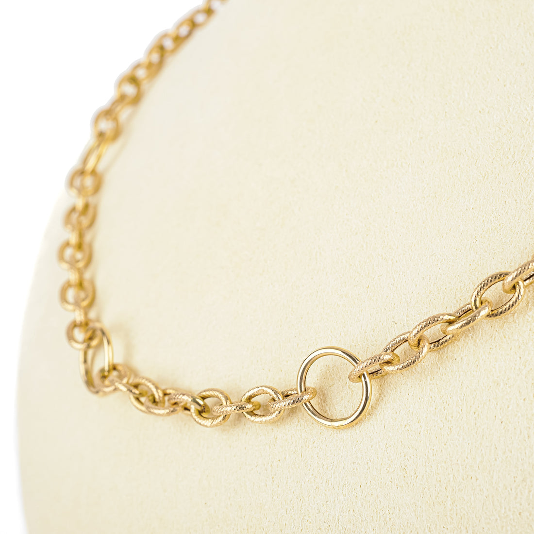 14K Yellow Gold Textured Oval & Round Link Necklace