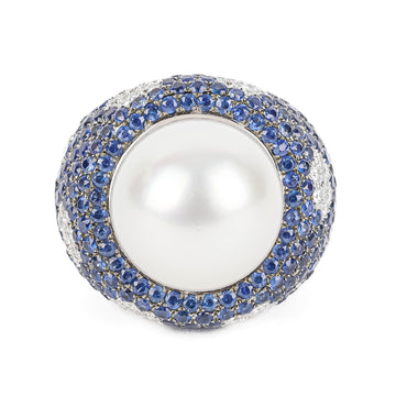 18K WG Pearl Pave Diamond Blue Sapphire Ring