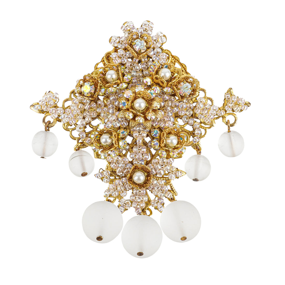 M&M DESIGNS Gold Tone Rhinestone Bead Drop Brooch & Clips