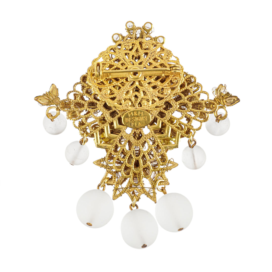 M&M DESIGNS Gold Tone Rhinestone Bead Drop Brooch & Clips