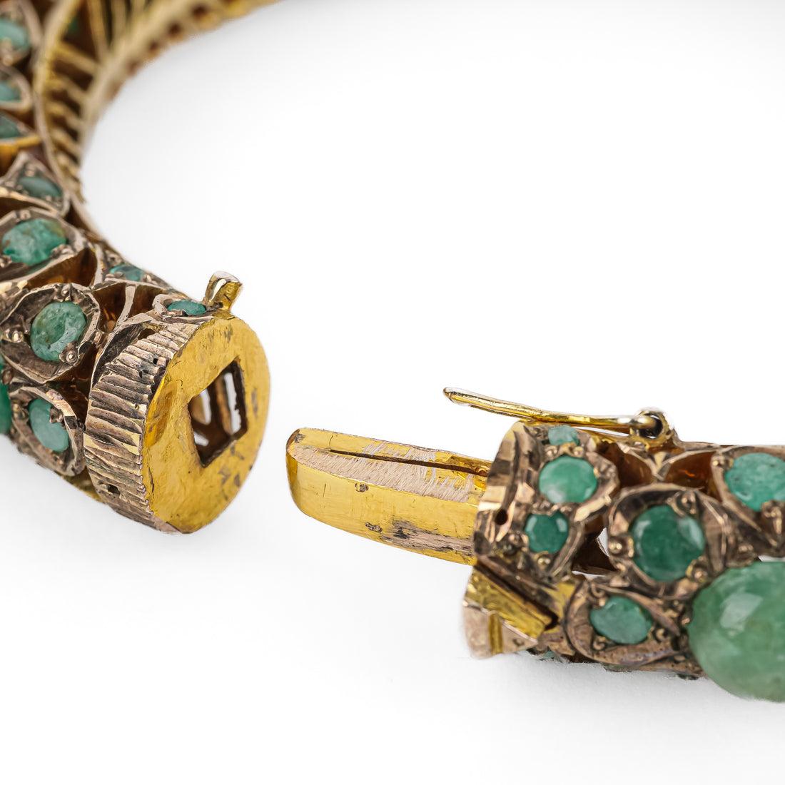 Gold Plated Emerald Cabochon Hinged Bangle