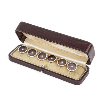 HENRY BIRKS & SONS 9K Yellow Gold Mother of Pearl & Pearl with Enamel Button Set