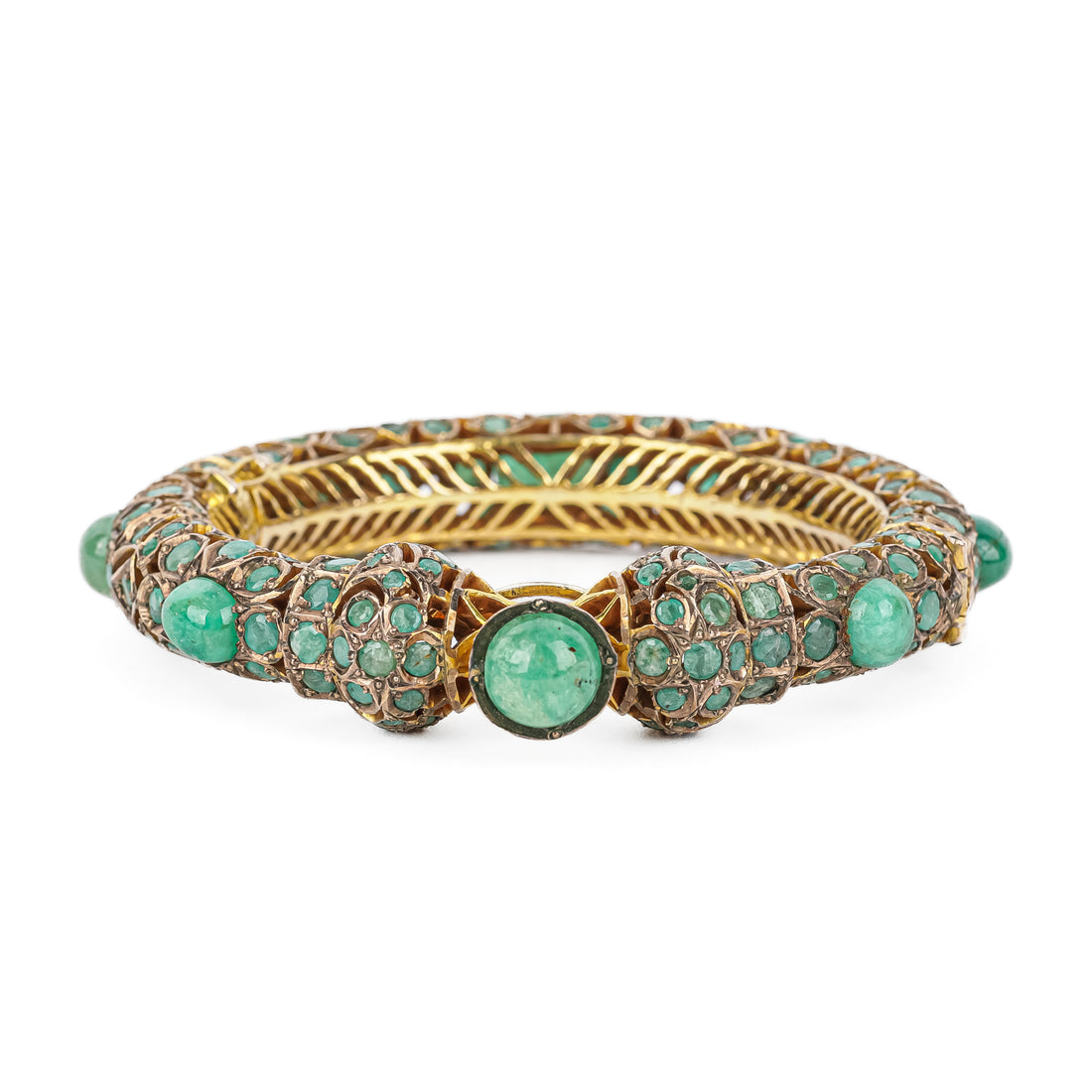 Gold Plated Emerald Cabochon Hinged Bangle