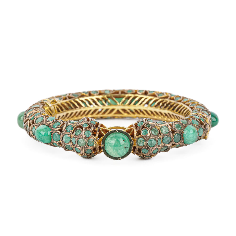 Gold Plated Emerald Cabochon Hinged Bangle