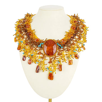 Baltic Amber Turquoise Woven Bead Collar Necklace