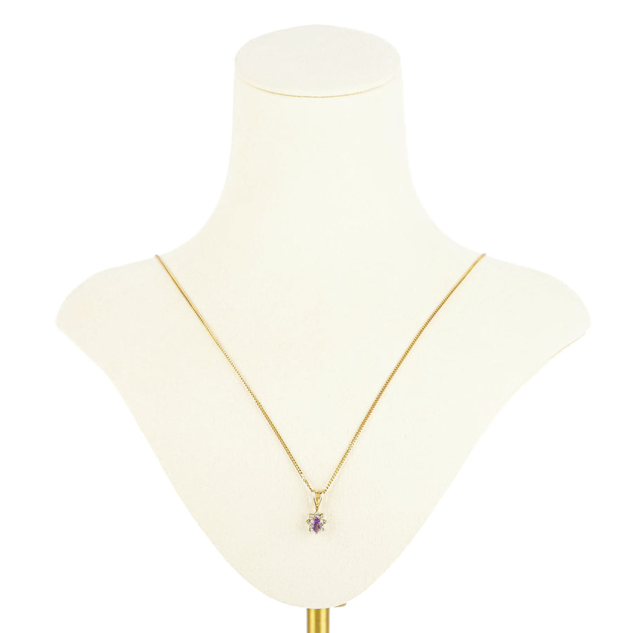 10K Yellow Gold Oval Amethyst Diamond Halo Pendant Necklace