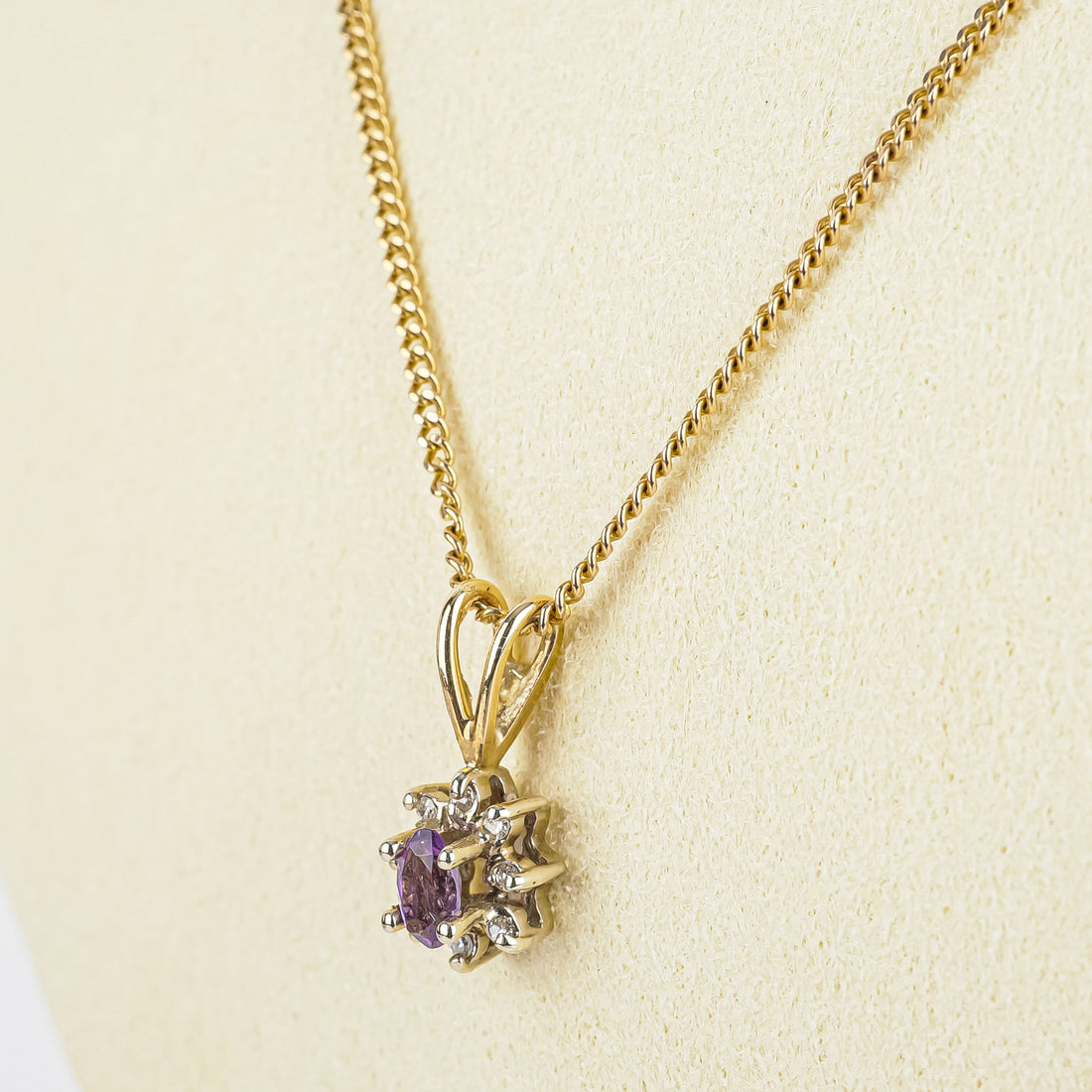 10K Yellow Gold Oval Amethyst Diamond Halo Pendant Necklace