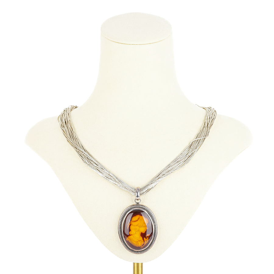 Sterling Reverse Intaglio Amber Pendant Necklace