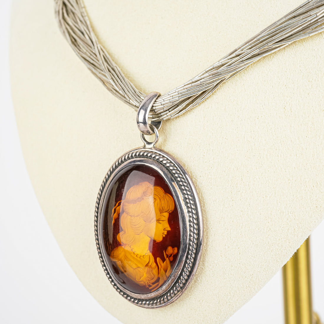 Sterling Reverse Intaglio Amber Pendant Necklace