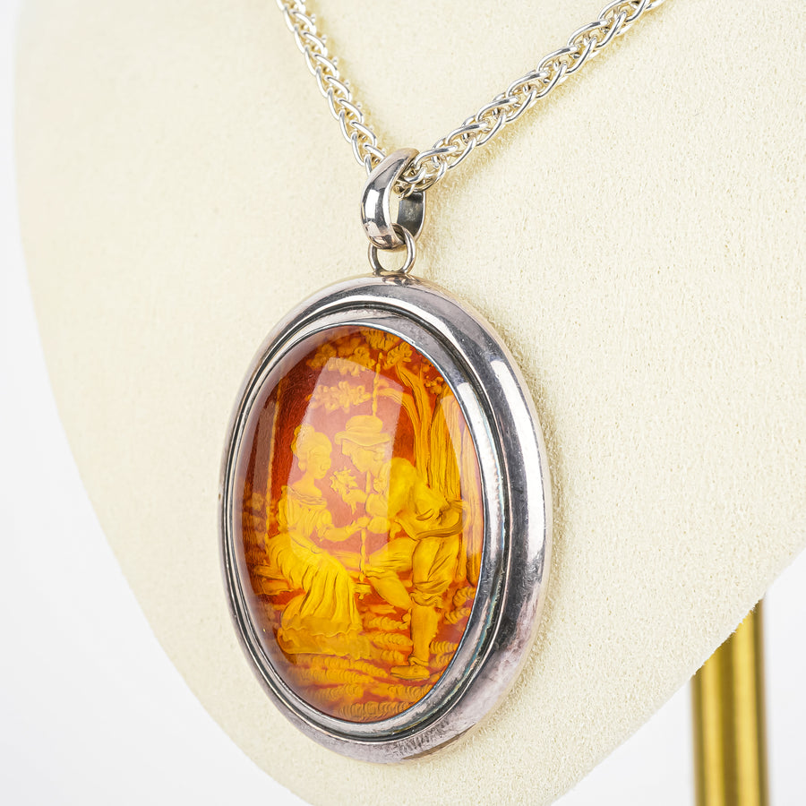 Sterling Reverse Intaglio Amber Pendant Necklace