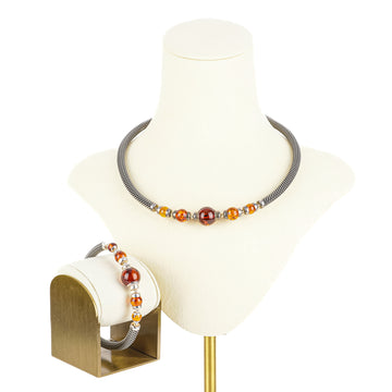 Sterling Wire Amber Necklace And Bracelet Set
