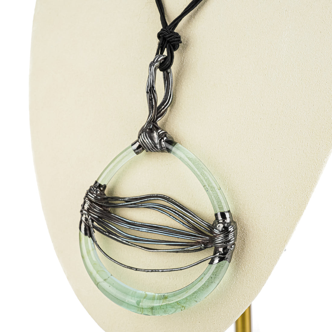Silver Electroform Green Glass Round Pendant Necklace