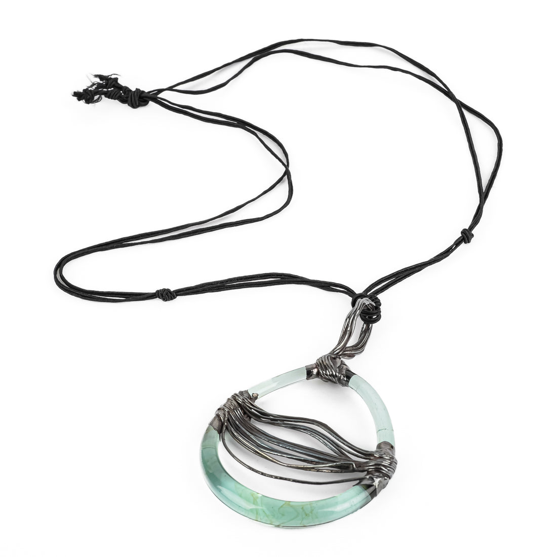 Silver Electroform Green Glass Round Pendant Necklace