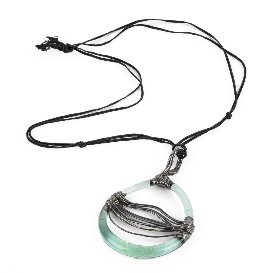 Silver Electroform Green Glass Round Pendant Necklace