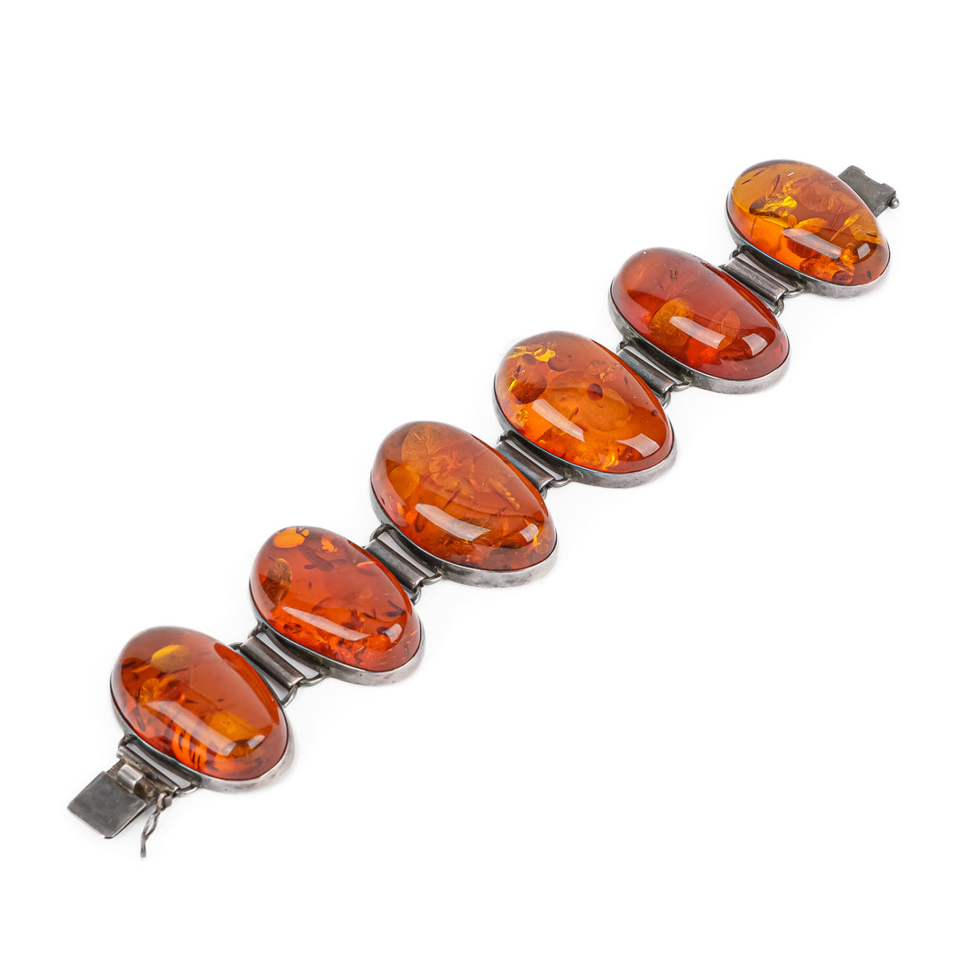 Silver Large Amber Cabochon Link Bracelet
