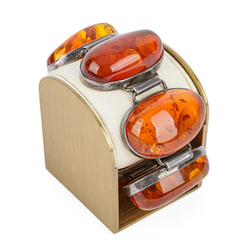 Silver Large Amber Cabochon Link Bracelet
