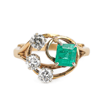 14K Yellow Gold And White Gold Emerald Diamond Three Stone Ring