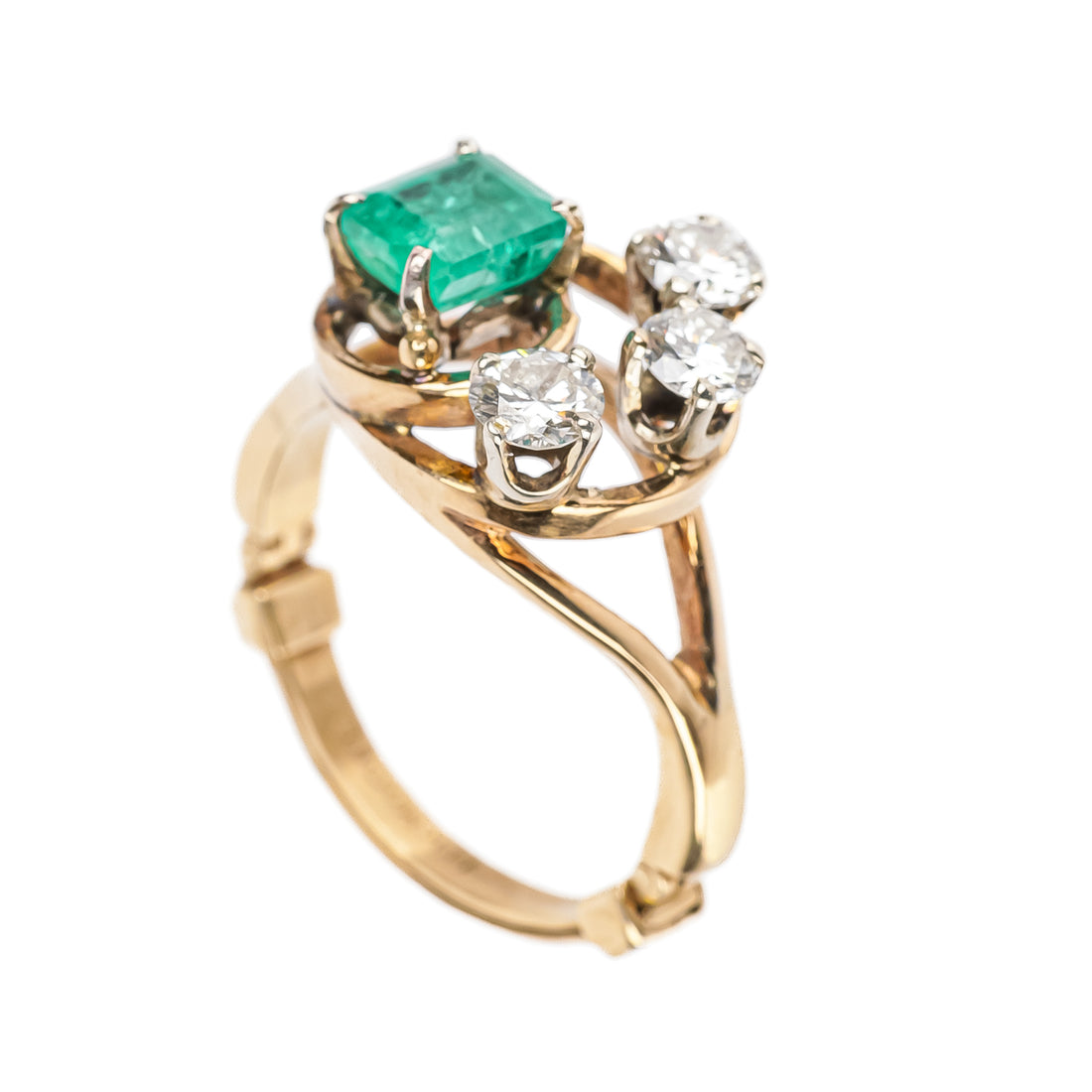 14K Yellow Gold And White Gold Emerald Diamond Three Stone Ring