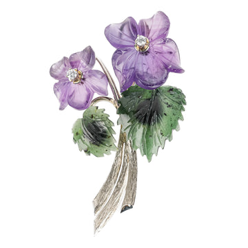 14K White Gold Carved Amethyst Moldavite Diamond Flower Brooch