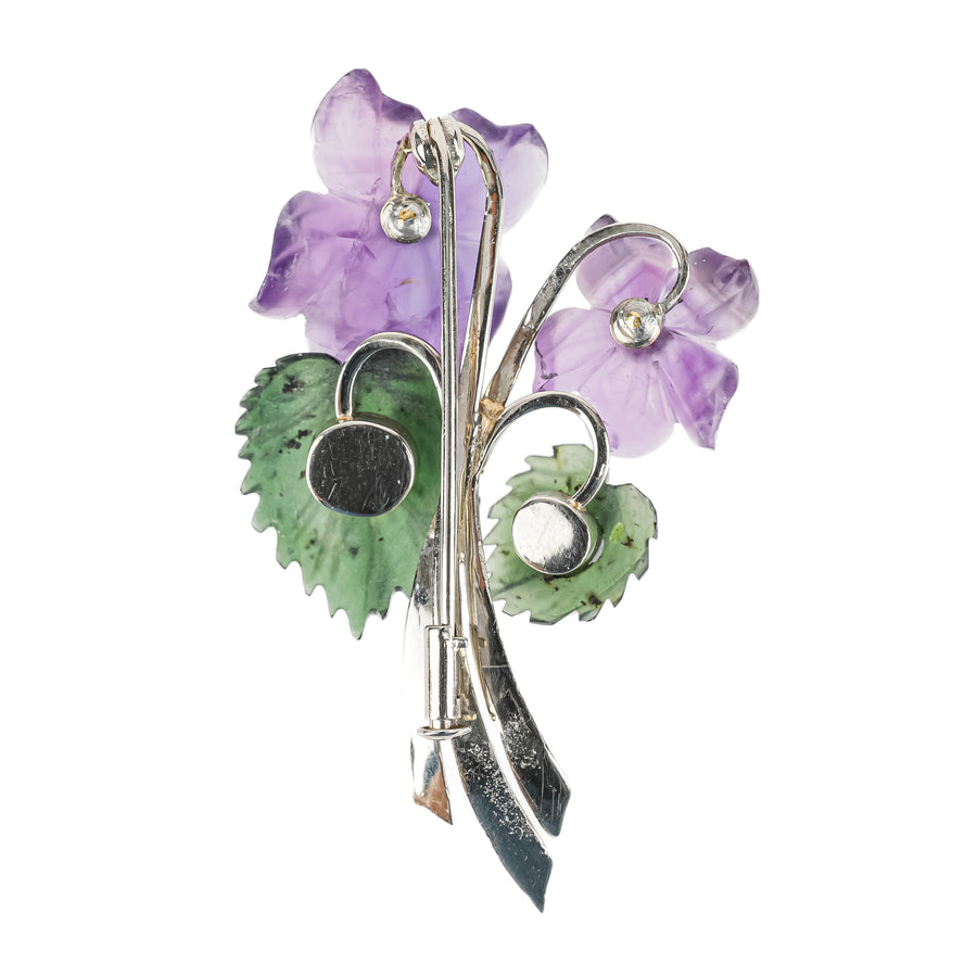 14K White Gold Carved Amethyst Moldavite Diamond Flower Brooch