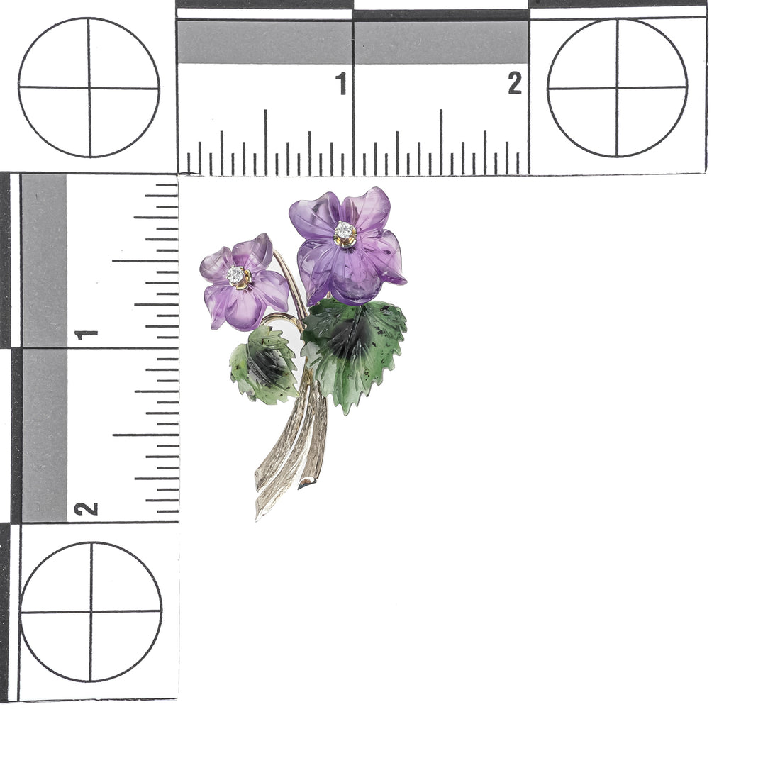 14K White Gold Carved Amethyst Moldavite Diamond Flower Brooch