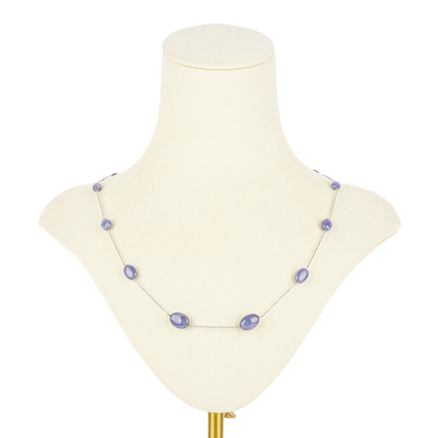 14K White Gold Tanzanite Cabochon Station Necklace