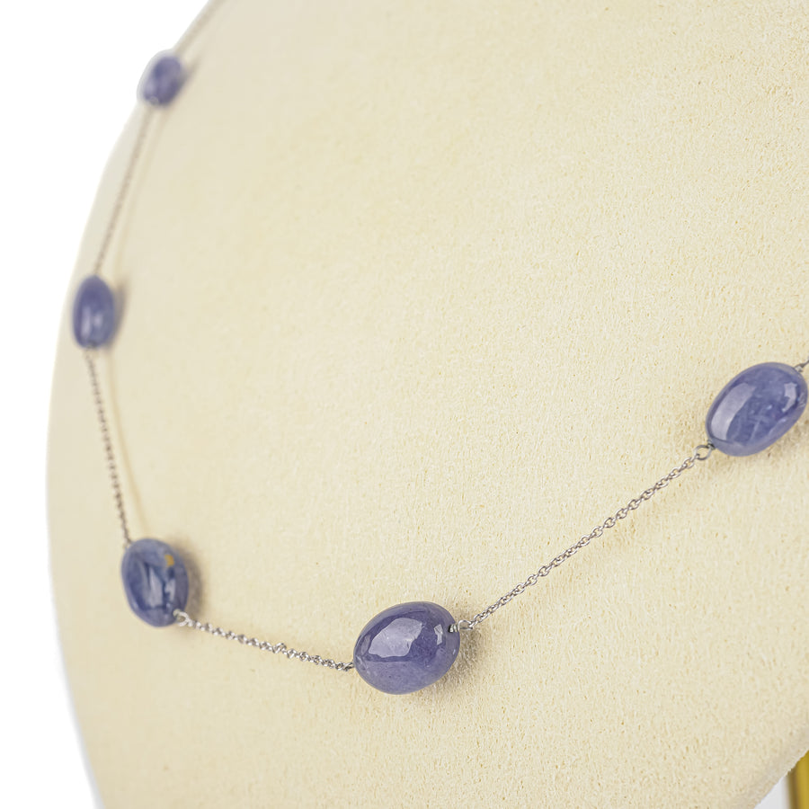 14K White Gold Tanzanite Cabochon Station Necklace